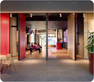 Modern office entrance with red accents
